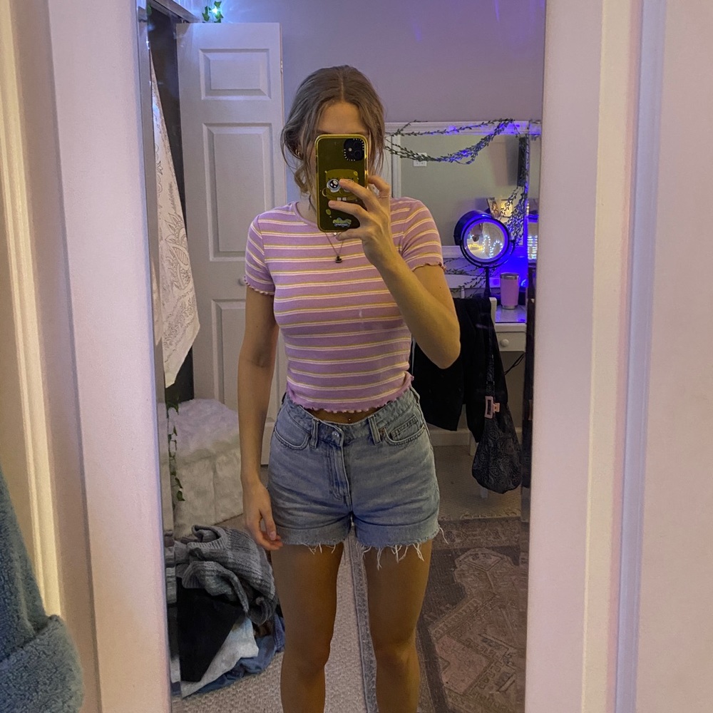 purple, pink, yellow & white striped top